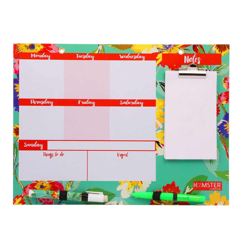 Hamster London Magnetic Erasable White Board Planner with Memo Pad, Lead Mechanical Pencil with Erasable Marker (Floral Green)